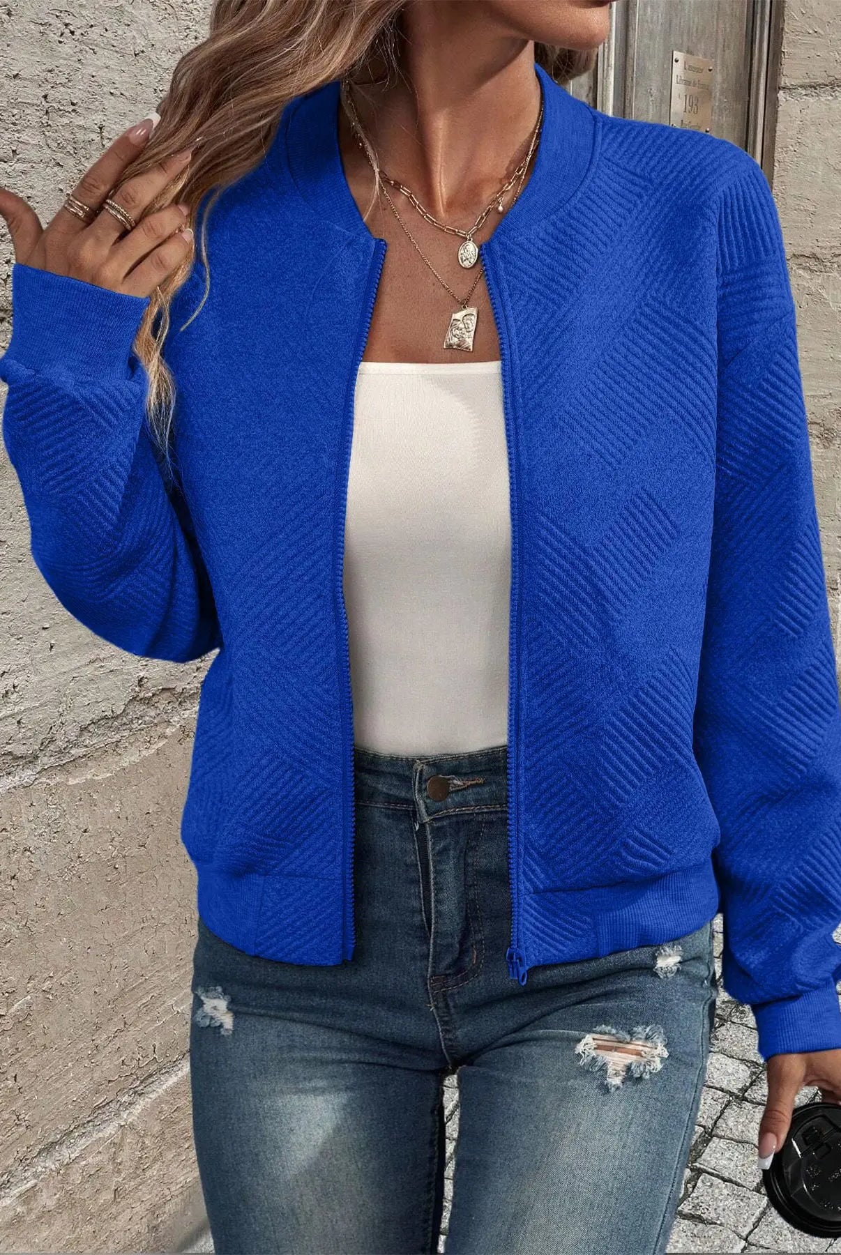 2025 Autumn and Winter Women's Sweaters Coats Plus Size Solid Color Zipper Jacket in royal blue, casual long-sleeve top for women.