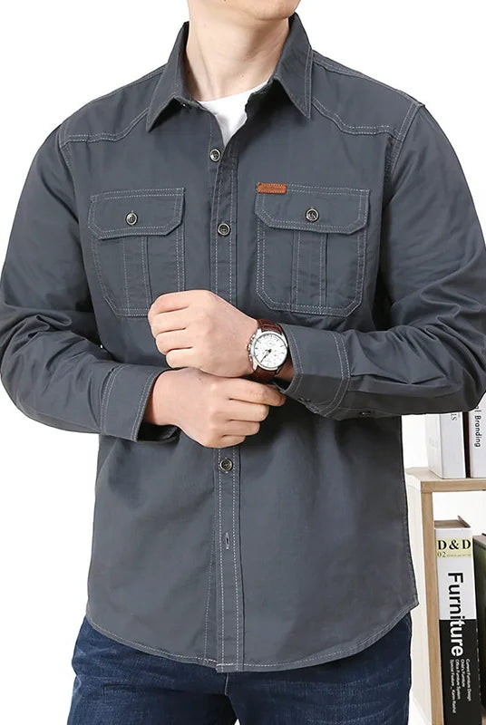 100% cotton men's long-sleeve casual shirt with multi pockets, solid dark gray color, suitable for spring and fall, size 6XL cargo jacket.