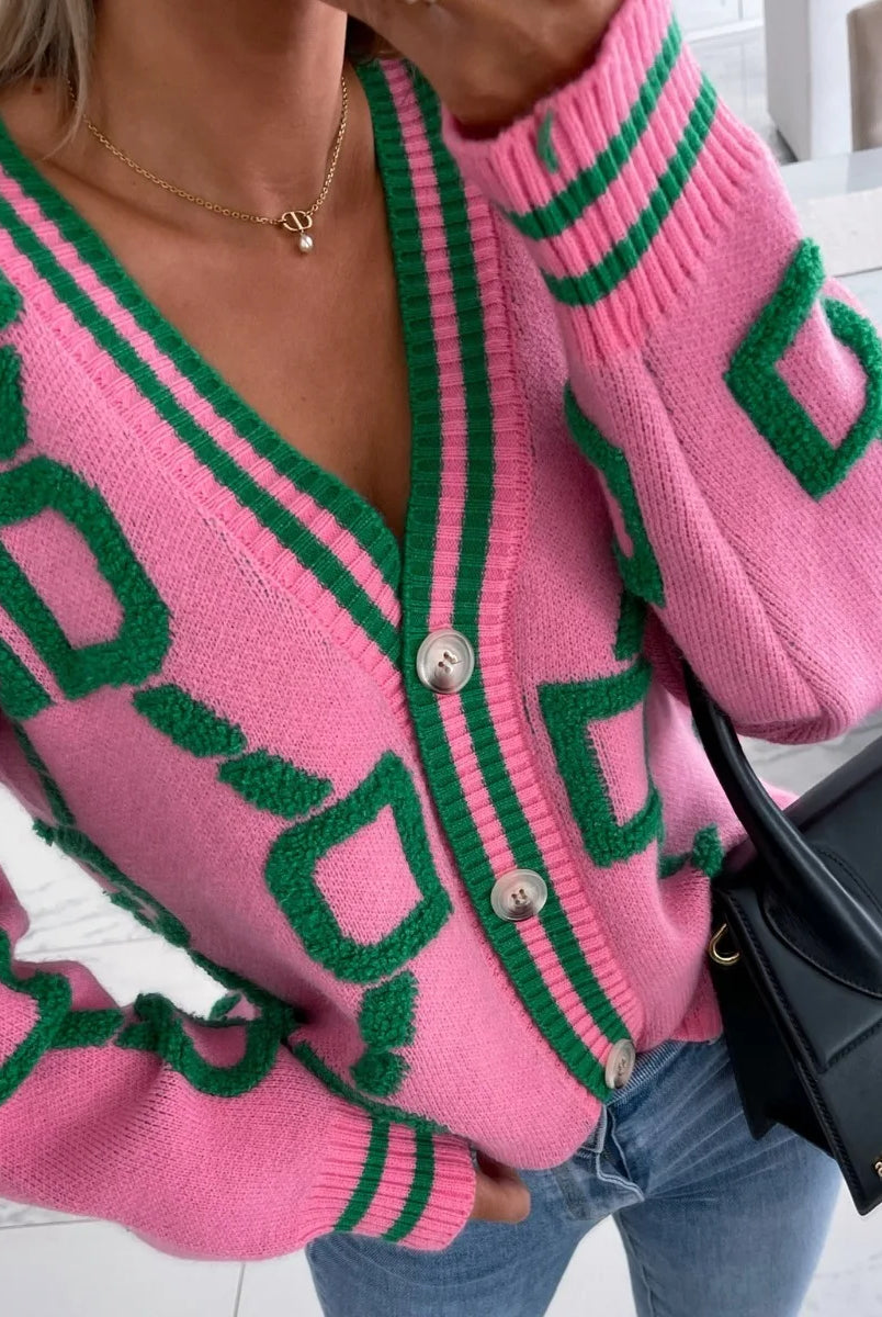 Autumn Winter Jacquard Knitted Coat Women Fashion V-neck long sleeve single breasted cardigan in pink with green geometric