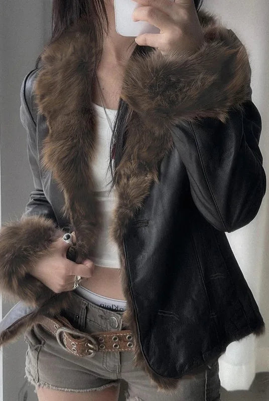 Faux Fur Patchwork PU Leather Jacket with furry collar and cuffs, long sleeves, shown on a person wearing a white top and beige shorts.