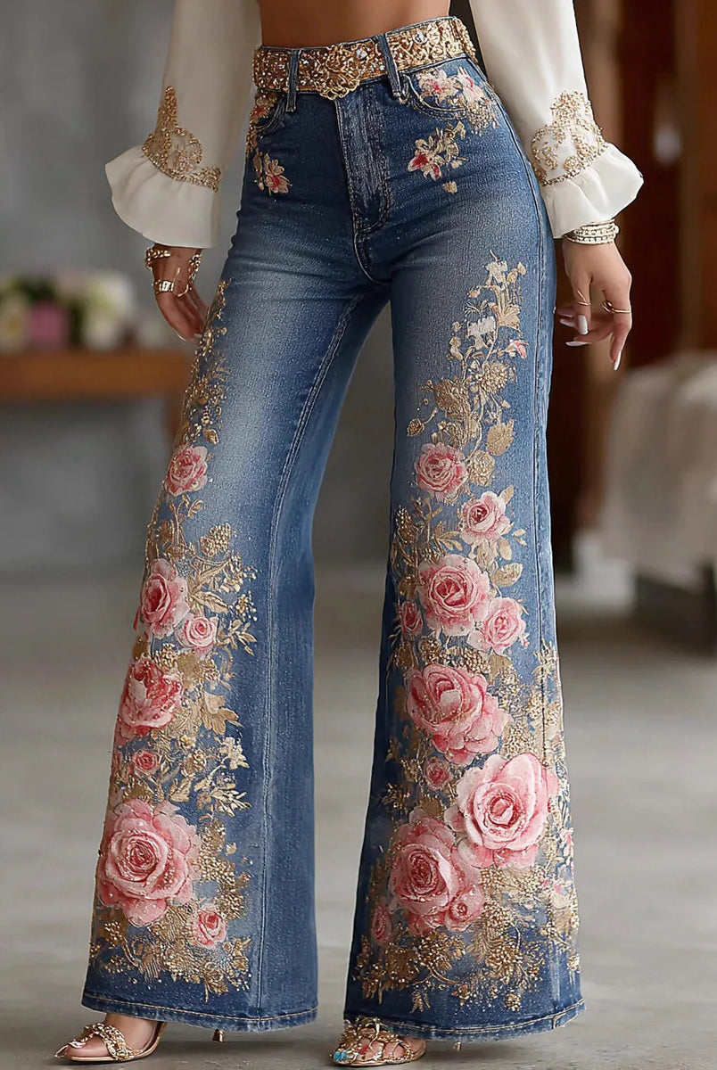 Womens 3D Printed Denim Flared Pants Slim Fit Bell Bottom Jeans with pink floral embroidery and gold accents, casual and versatile.