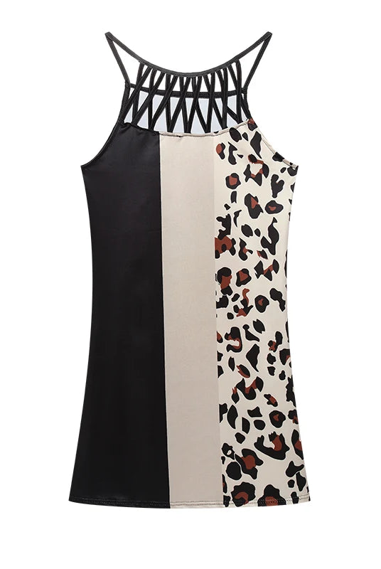 2024 Summer National Wind Positioning Printing Mesh Belt Sleeveless Casual Dress with black, beige, and leopard print panels and geometric mesh neckline.