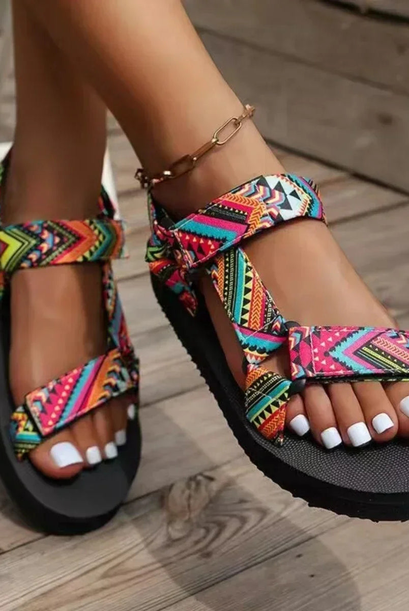 Women's Womens Stylish Paisley Pattern Sandals with colorful fabric straps, adjustable ankle strap, and quick-dry sole