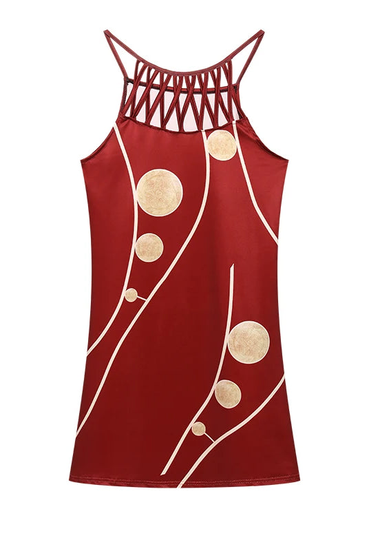 2024 Summer National Wind Positioning Printing Mesh Belt Sleeveless Casual Dress in red with beige circular pattern and lattice neckline.
