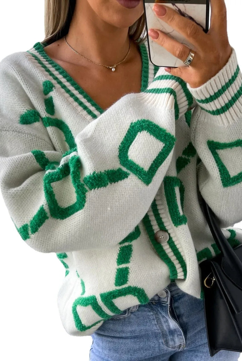 Autumn Winter Jacquard Knitted Coat Women Fashion V-neck long sleeve single breasted cardigan in white with green geometric