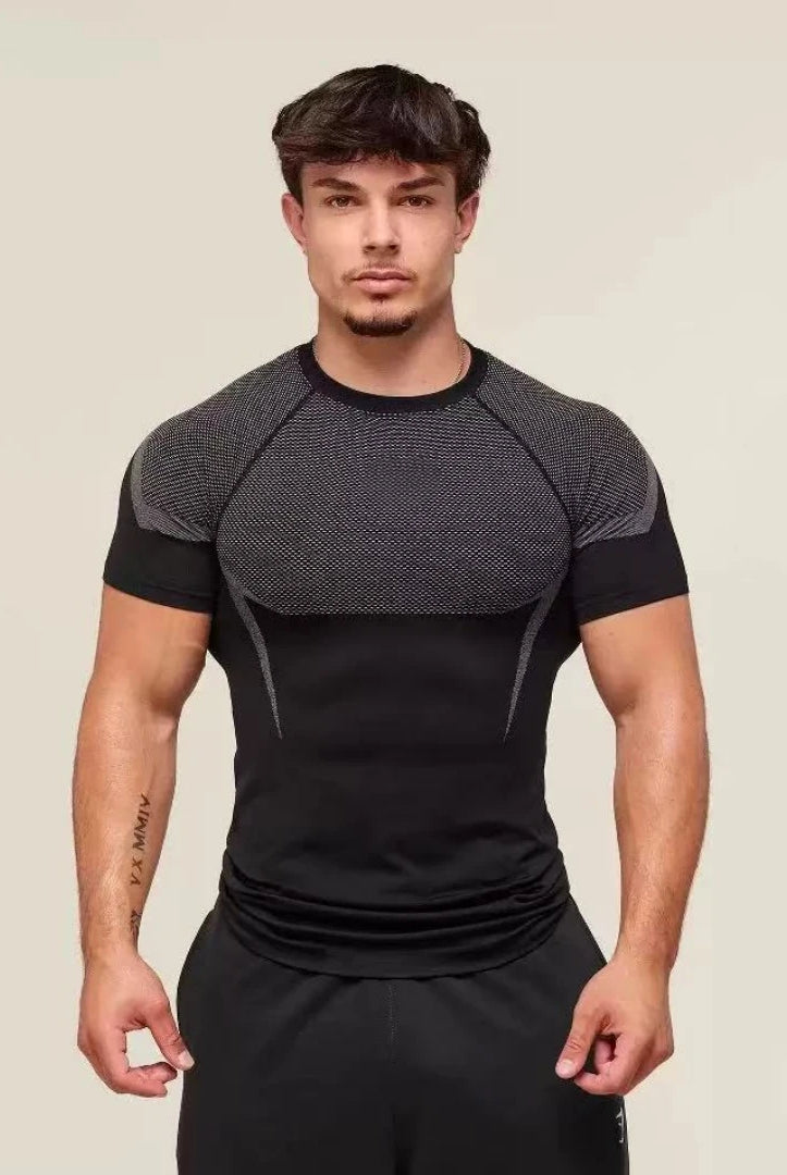 ONYX V5 Agate Fitness T-shirt with SHARK logo, black moisture-wicking short-sleeve top for men's and women's workouts