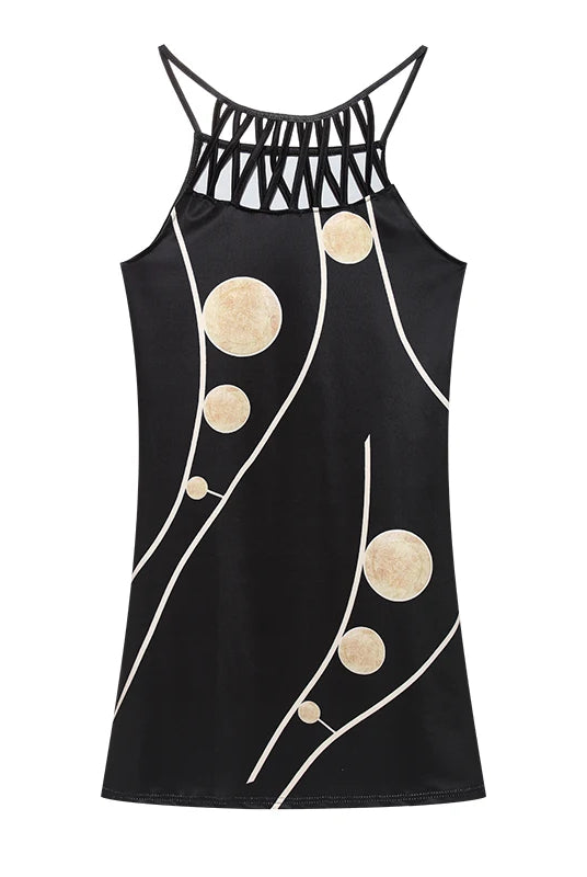 2024 Summer National Wind Positioning Printing Mesh Belt Sleeveless Casual Dress in black with beige circular patterns and geometric strap design.