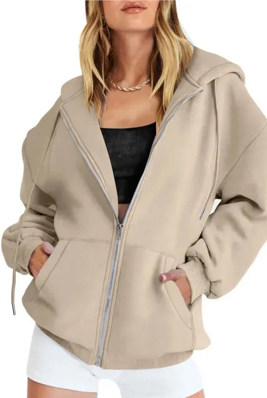 Fashion Gray Zip Up Sweatshirt Women Autumn Winter Jacket with hood, long sleeves, pockets, and versatile solid color.