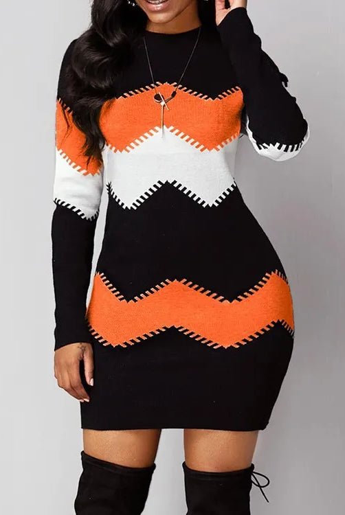 Women Women Elegant Patchwork Long Sleeve Warm Dress 2022 Autumn Winter Rib Knit Sweater Dress Casual Turtleneck Pullover