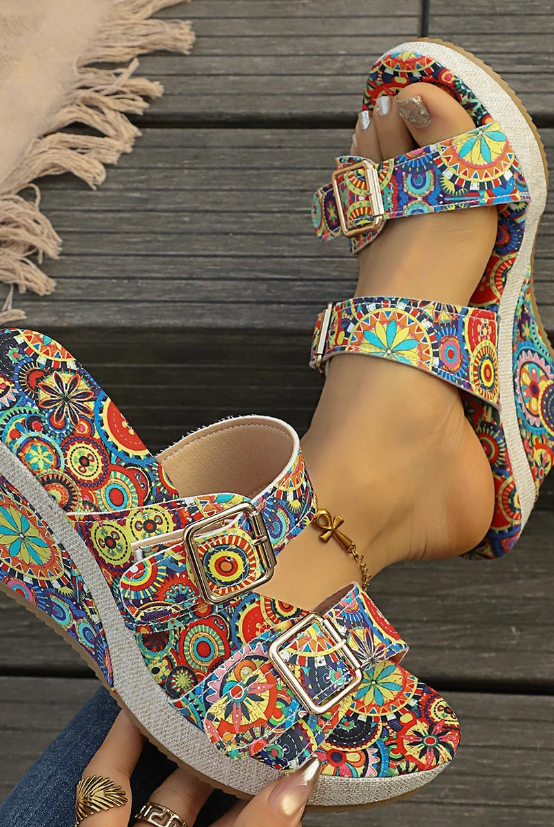 Vintage Rivet Decor Wedge Sandals for Women 2026 Summer high heels platform sandals with colorful geometric patterns and