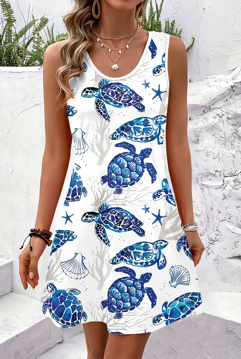 Women Summer Sleeveless Bohemian Dress with blue sea turtle and shell print, ideal for vacation, beach, and birthday celebrations.