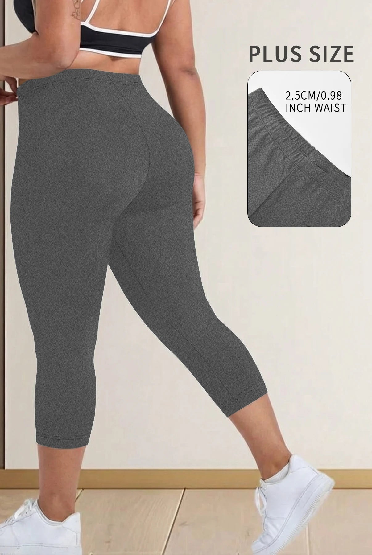 Plus Size Super Soft Capri Pants for Women in dark gray, made of stretchy fabric, suitable for workout, running, yoga, and athletic activities.