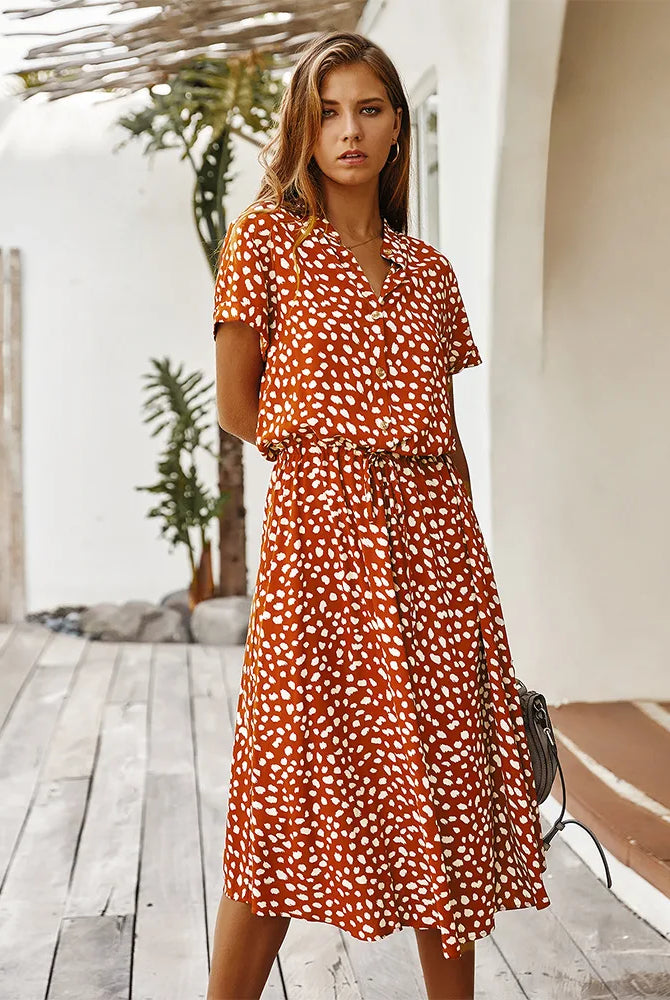Vintage floral print dress women boho short sleeve long dress with turn-down collar and casual waistband, summer 2021 style.