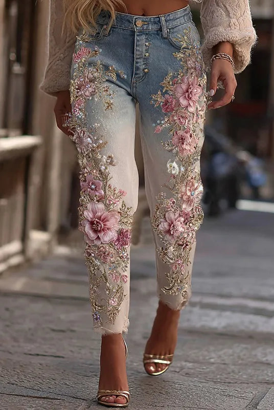 3D floral womens straight leg jeans with pink and gold embroidered flowers, casual stretch denim pants for daily street style wear