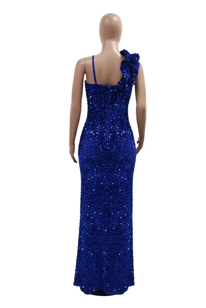 HBLL Sexy Black Red Sequined Split Long Maxi Dress with spaghetti straps and ruffle detail, ideal for birthday parties and