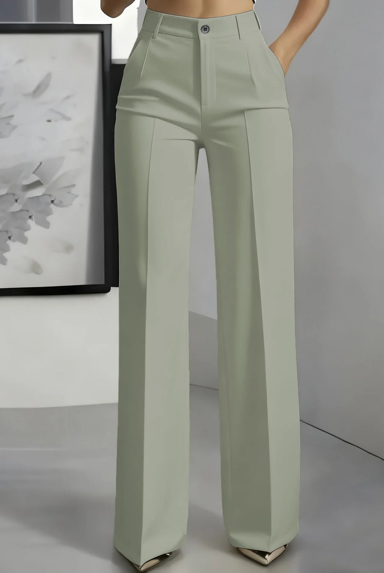 Women's high-waisted straight-leg trousers in light beige, formal office wear, slim-fit cut, solid color, made of smooth fabric.