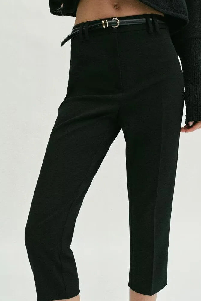 Spring New Arrival Women's Casual Pure Color Capri Pants with Belt, black lightweight leisure trousers with belt, versatile