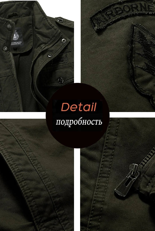 2023 Spring Autumn Men Casual Cargo Cotton Jackets Coats with embroidery patches, front zipper, buttoned pockets, and