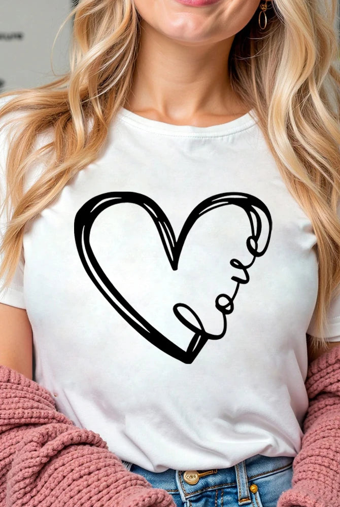 Love Heart Printed Trend Women Fashion Clothing Graphic T-shirt with Love script inside a black heart design, short sleeve casual female tee.