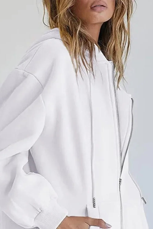 Fashion Gray Zip Up Sweatshirt Women Autumn Winter Jacket with hood, long sleeves, daily pockets, solid versatile design
