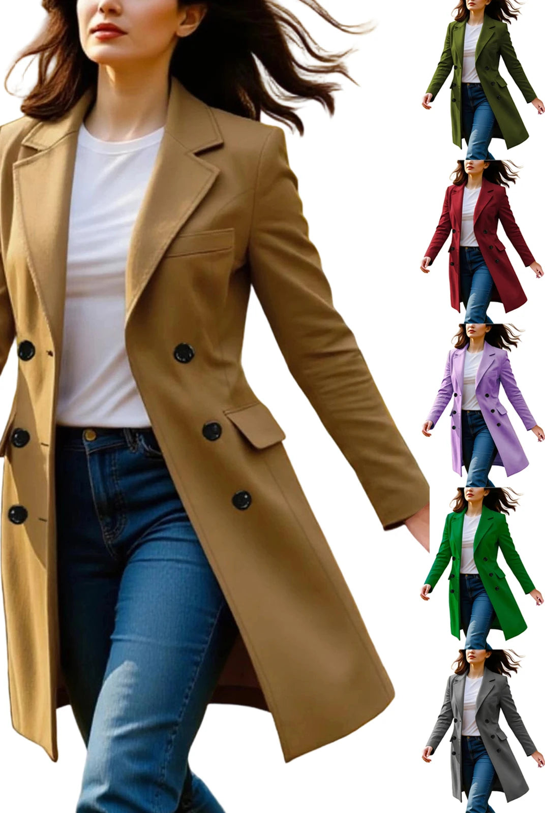New Women's Coats Autumn Winter Long Sleeve Lapel Breasted Trench Coat in various colors, stylish A-line fall and winter