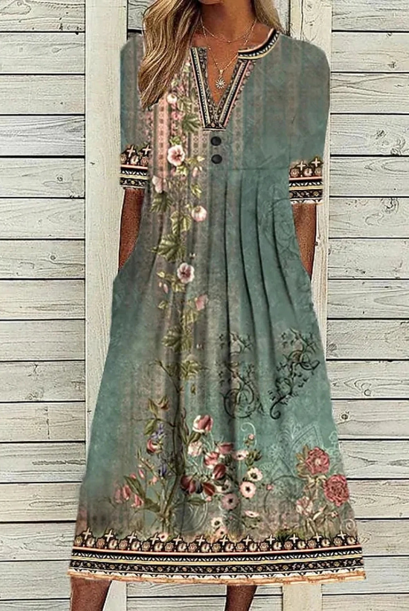 Fashion Elegant Casual Dress Woman Short Sleeve Loose Dress with floral print, embroidery, and decorative borders, ideal for holidays and leisure.