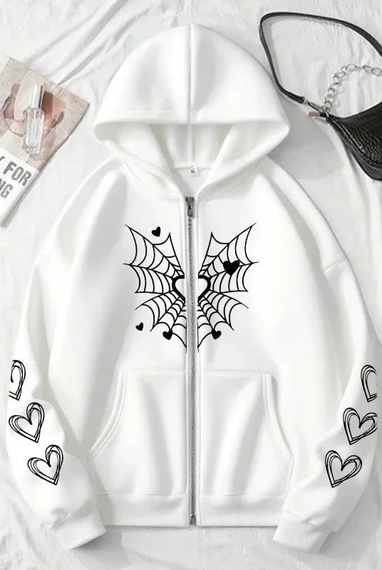 2025 Hot Sale Women's Hoodie with spider web and heart print, zip-up design, all-season casual fashion hooded sweatshirt in