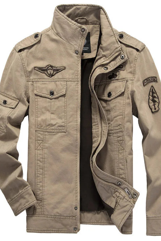 2023 Spring Autumn Men Casual Cargo Cotton Jackets Coats with embroidery and military patches, beige color, plus size 6XL