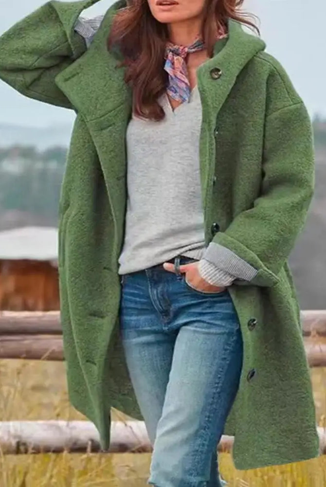 Women windbreaker jacket with hood, long sleeves, pockets, and windproof design in green, suitable for fall and winter