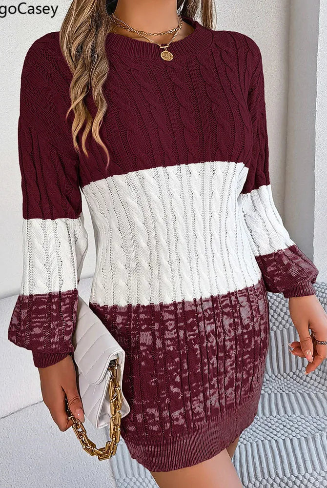 VigoCasey 2025 casual solid patchwork knit dress for women, long sleeve bodycon style in burgundy and white, suitable for