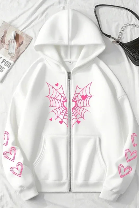 2025 Hot Sale Women's Hoodie Cute Spider Web Heart Print Zip-up Sweatshirt with pink web and heart designs, all-season urban
