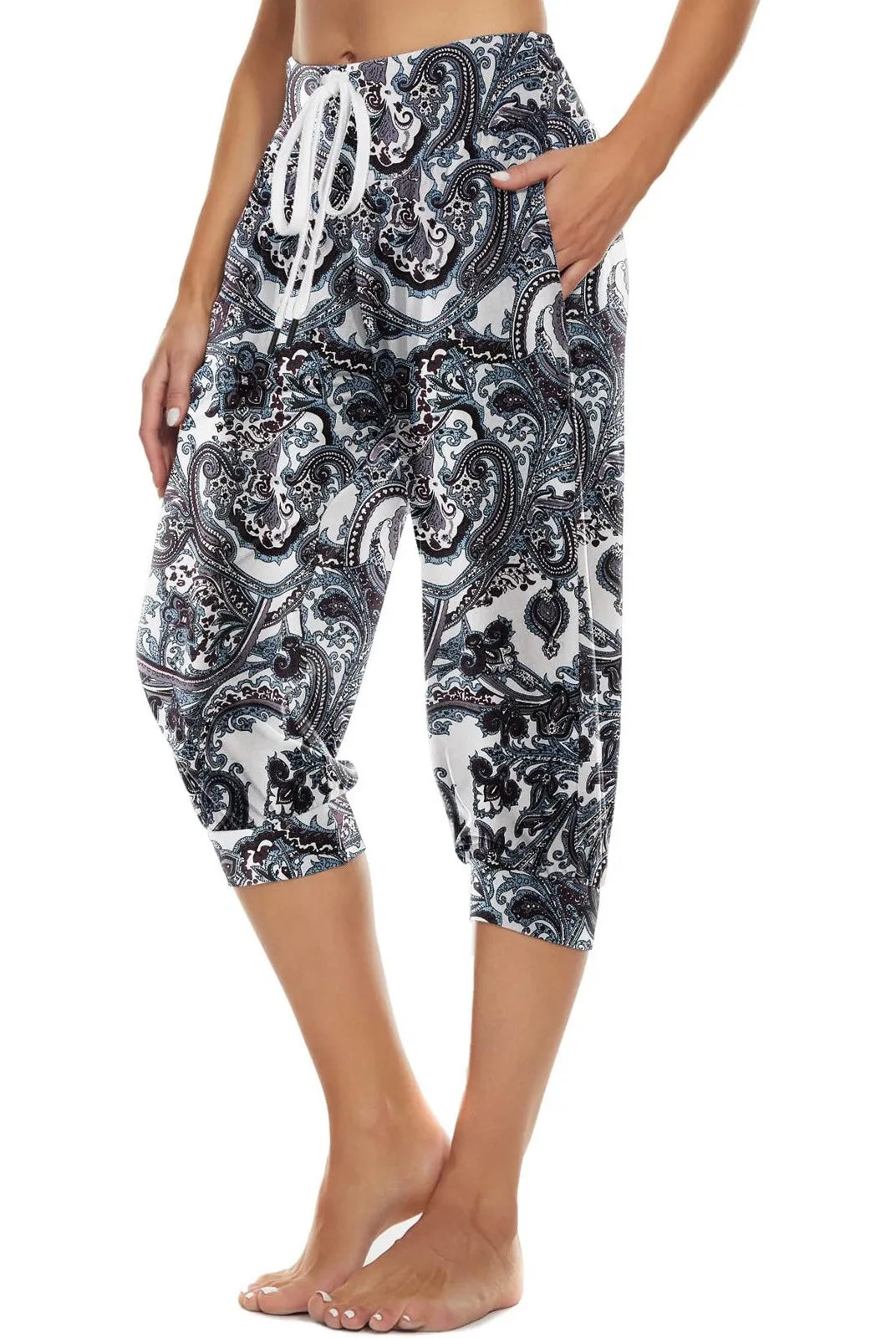 Women's summer loose Capri pants with retro printed design, breathable fabric, elastic waistband, and pockets, ideal for