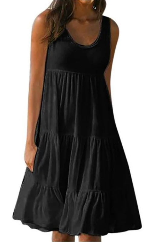 Women Casual Solid Mini Dress 2024 Summer sleeveless ruffled loose short sundress in black, perfect for beach parties and