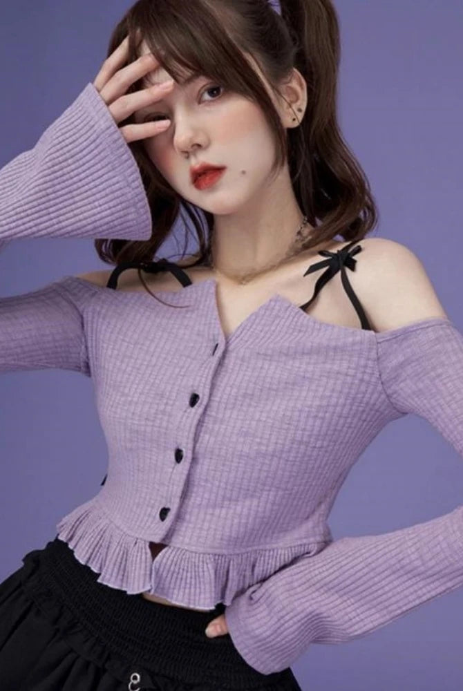 Slash Neck Y2k Aesthetic Embroidery T-shirt in purple with ruffled hem and flare sleeves, styled with black straps for a