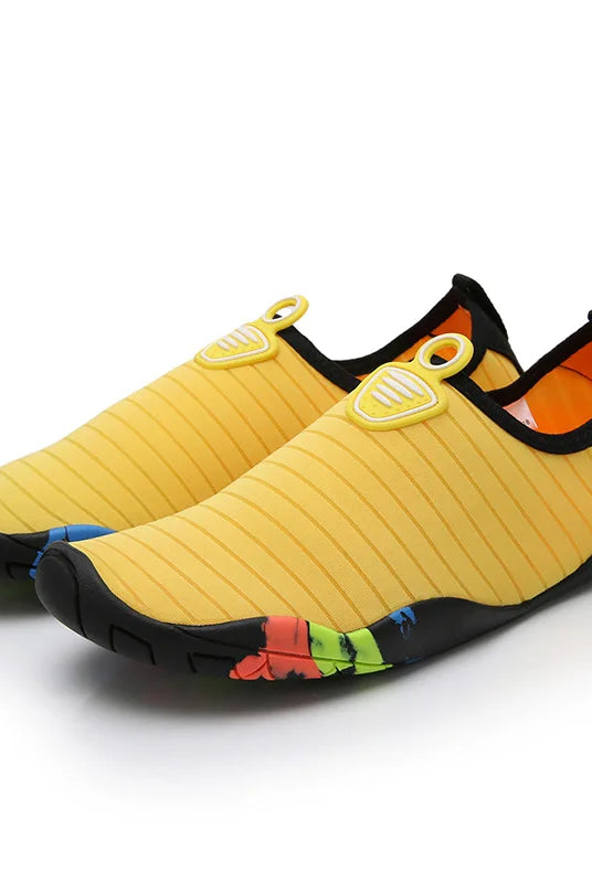 Lager Size Unisex Outdoor Aqua Shoes in yellow with black soles, designed for beach, swimming, indoor fitness, and gym activities, available in sizes 35-46.