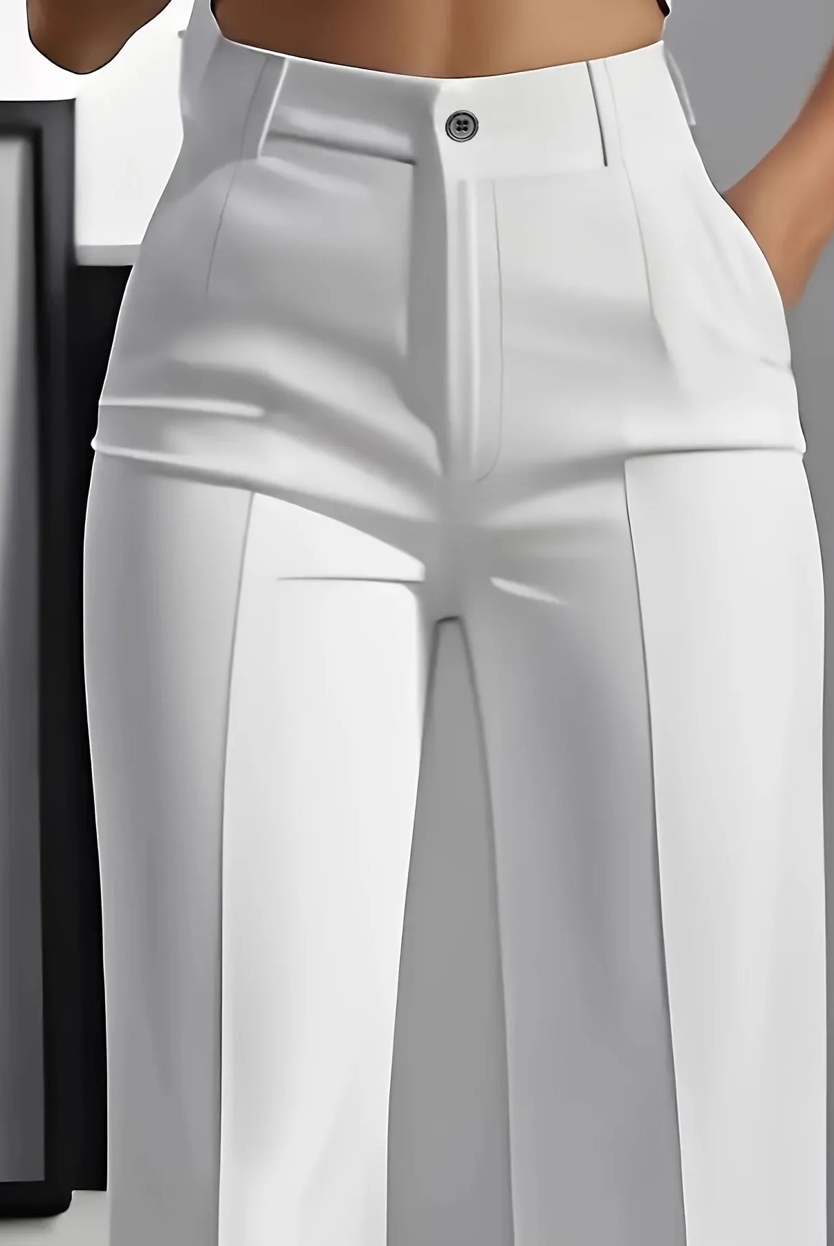 Women's High-Waisted Straight-Leg Formal Office Trousers in white, slim-fit cut, solid-color, made of smooth fabric for professional wear.