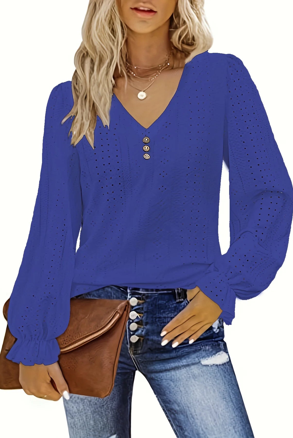 Plus Size Eyelet Button Decor T-Shirt with V-neck, long sleeves, in royal blue, featuring eyelet details for spring and fall