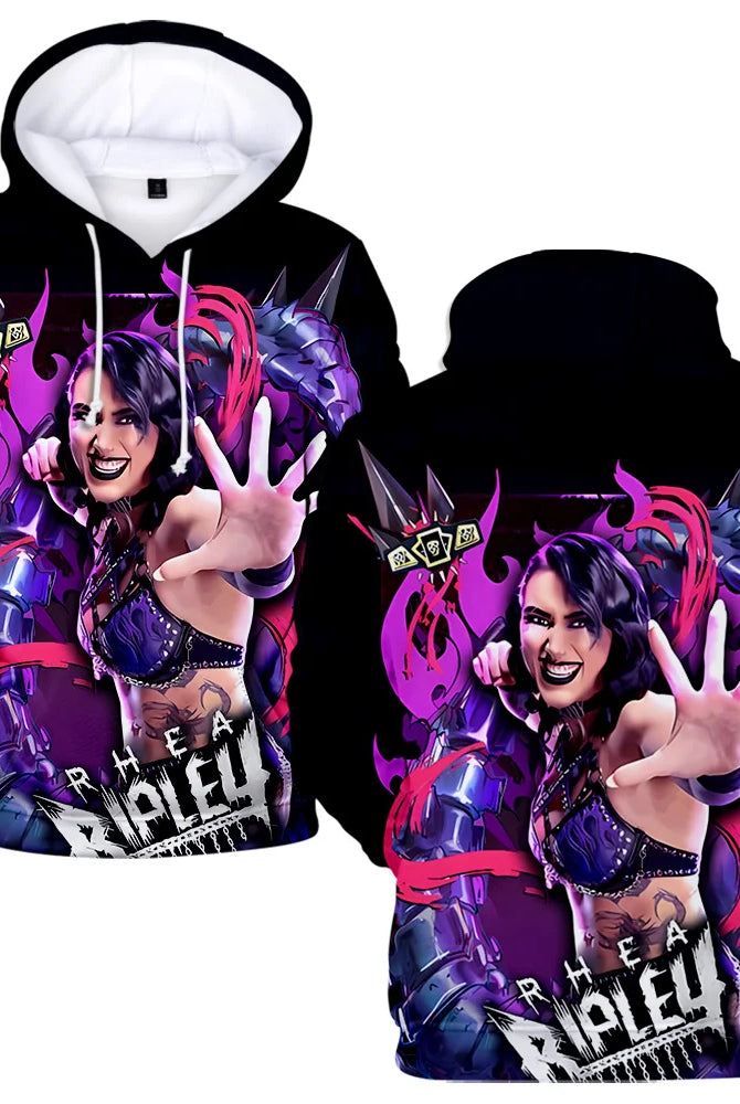 Rhea Ripley hoodie for women and men featuring a colorful graphic of a woman with purple hair, spikes, flames, and bold text, made of soft fabric.