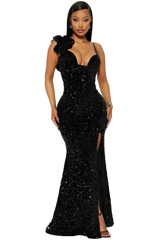 HBLL Sexy Black Red Sequined Split Long Maxi Dress with spaghetti straps, thigh-high slit, and ruffled shoulder detail for