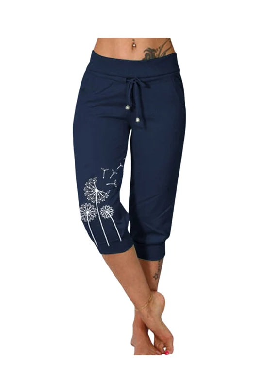 Fashion Mid-calf Lady Capri Pants 2023 Summer drawstring cropped pants with pockets, navy blue color, dandelion print, suitable for outdoor sports.