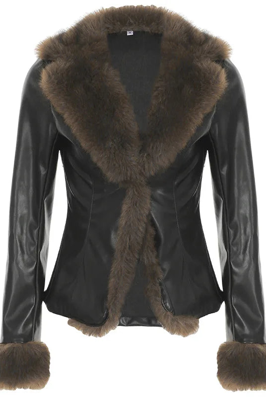 Faux Fur Patchwork PU Leather Jacket with furry collar and cuffs, long sleeves, warm winter chic outerwear, V-neck design.
