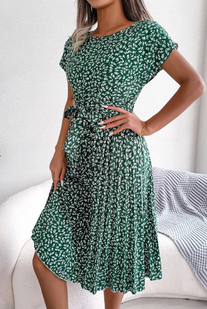 Gaun Berlipat Floral Wanita Gaun Midi Perban Ruched Lengan Pendek Leher-o Kasual Musim Panas Gaun Boho Chic A Line Pantai