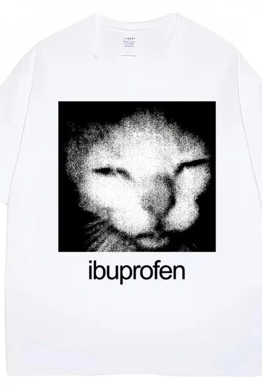 2025 Vintage Funny Ibuprofen Cat Meme Graphic T Shirt for men and women with oversized casual streetwear style, featuring a