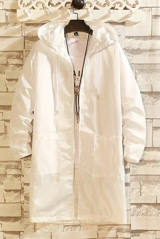 Summer Lightweight Men's Windbreaker outdoor beachwear sun protection long coat in white, casual style, thin material for