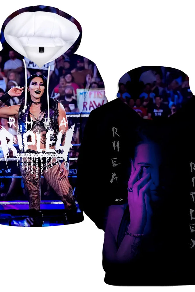 Rhea Ripley hoodie sweatshirt for women and men featuring wrestling-themed design, black and colorful fabric, suitable for streetwear and sportswear.