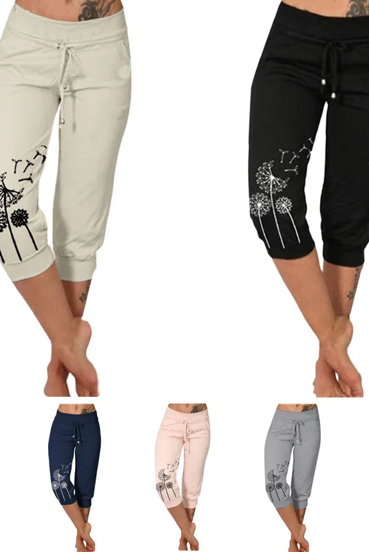 Fashion Mid-calf Lady Capri Pants 2023 Summer drawstring cropped pants with pockets, available in beige, black, mint green, navy, pink, gray, and tan.