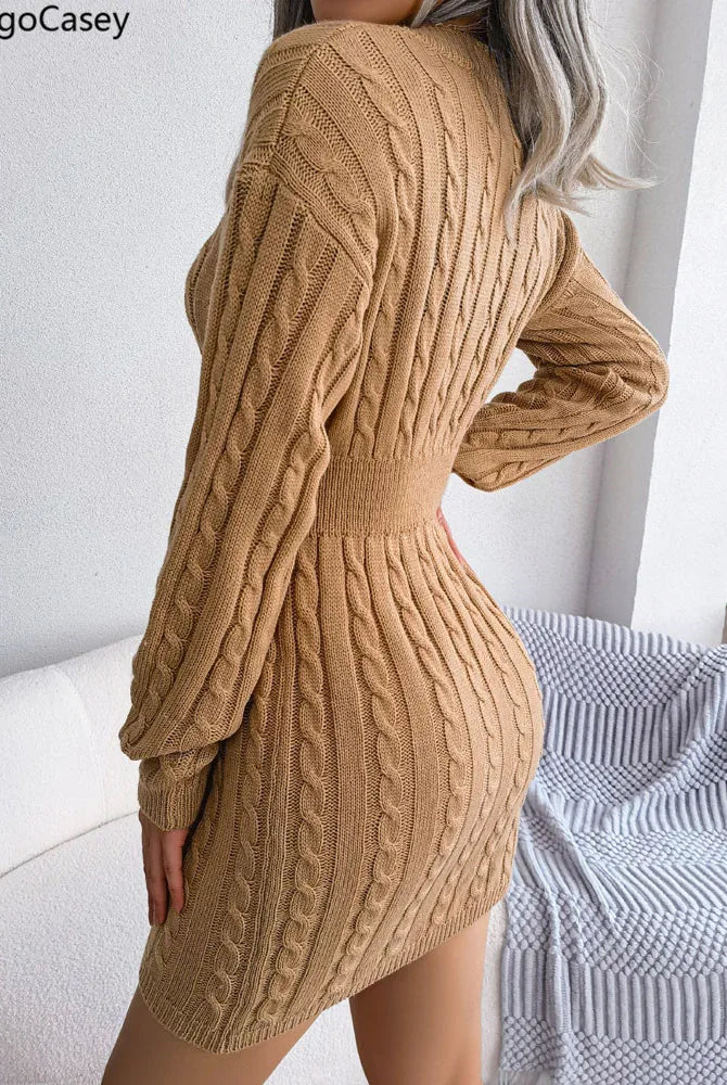 VigoCasey 2025 V Neck Casual Short Knit Dress in khaki, long sleeve, bodycon style with cable knit pattern, suitable for