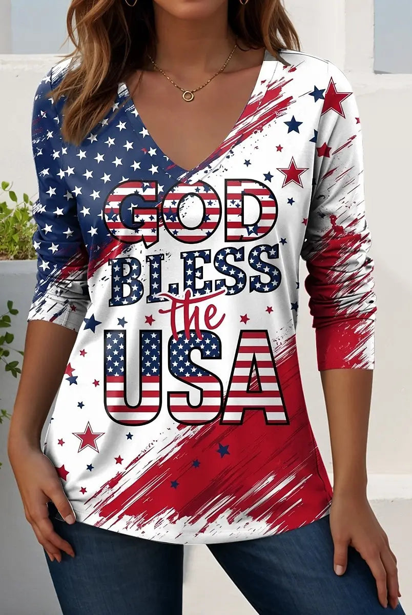 Vintage US Flag 250th anniversary pattern women's long sleeve polyester T-shirt with 3D print, featuring patriotic stars and
