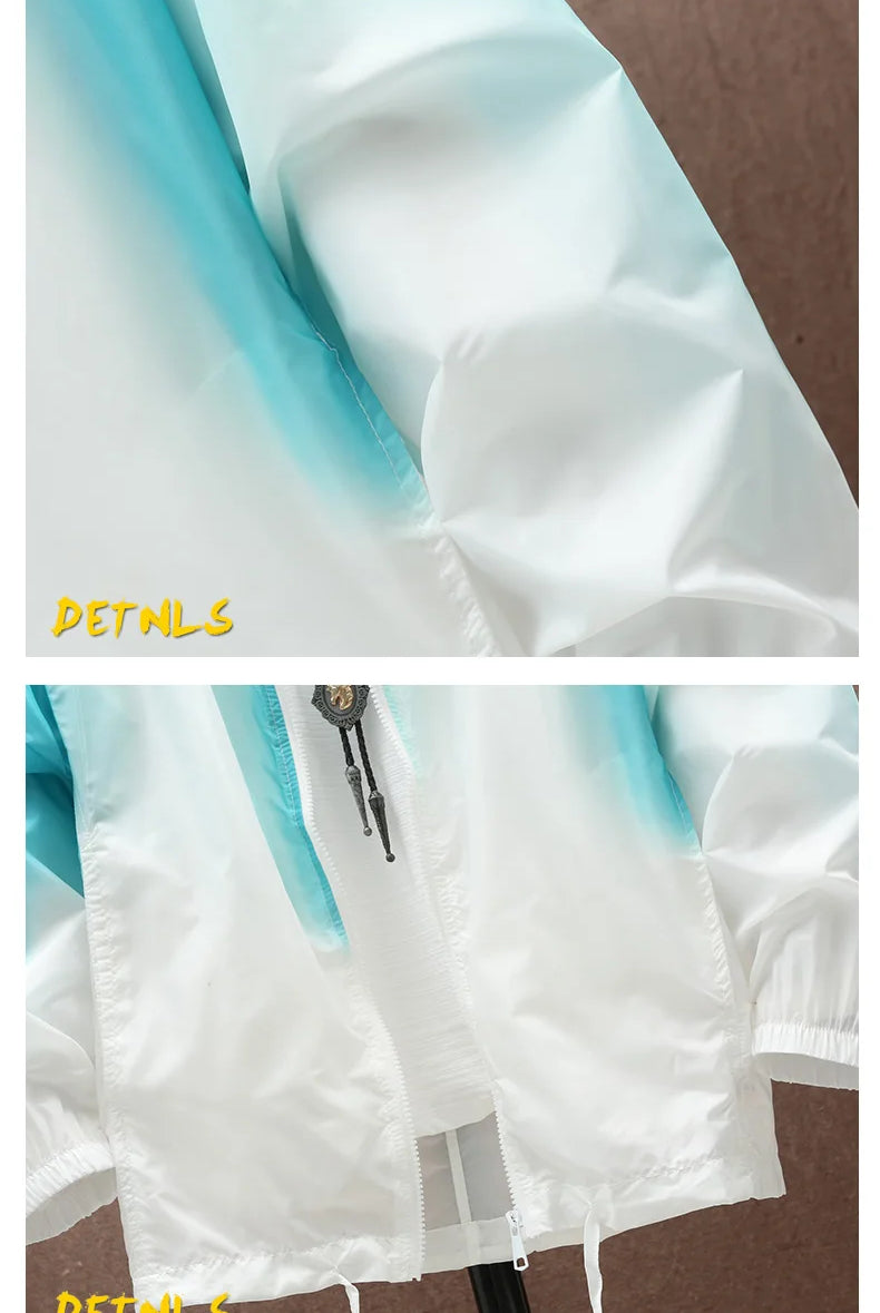 2026 Women Jacket Summer Gradient Y2K Hip hooded windbreaker with front zipper, adjustable hem, and light, thin material in
