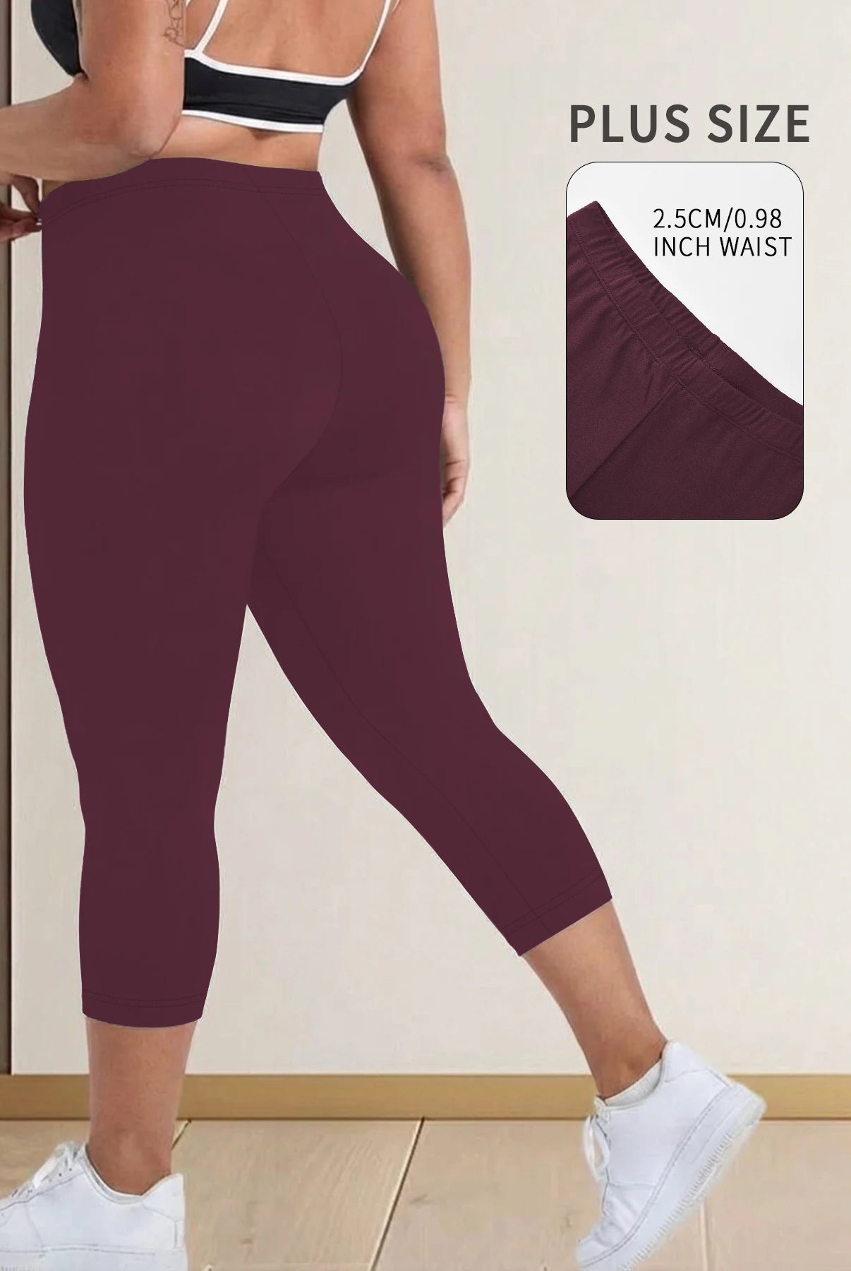 Plus Size Super Soft Capri Pants for Women in burgundy, made of stretchy, no see-through material, ideal for workout, running, yoga, and athletic activities.